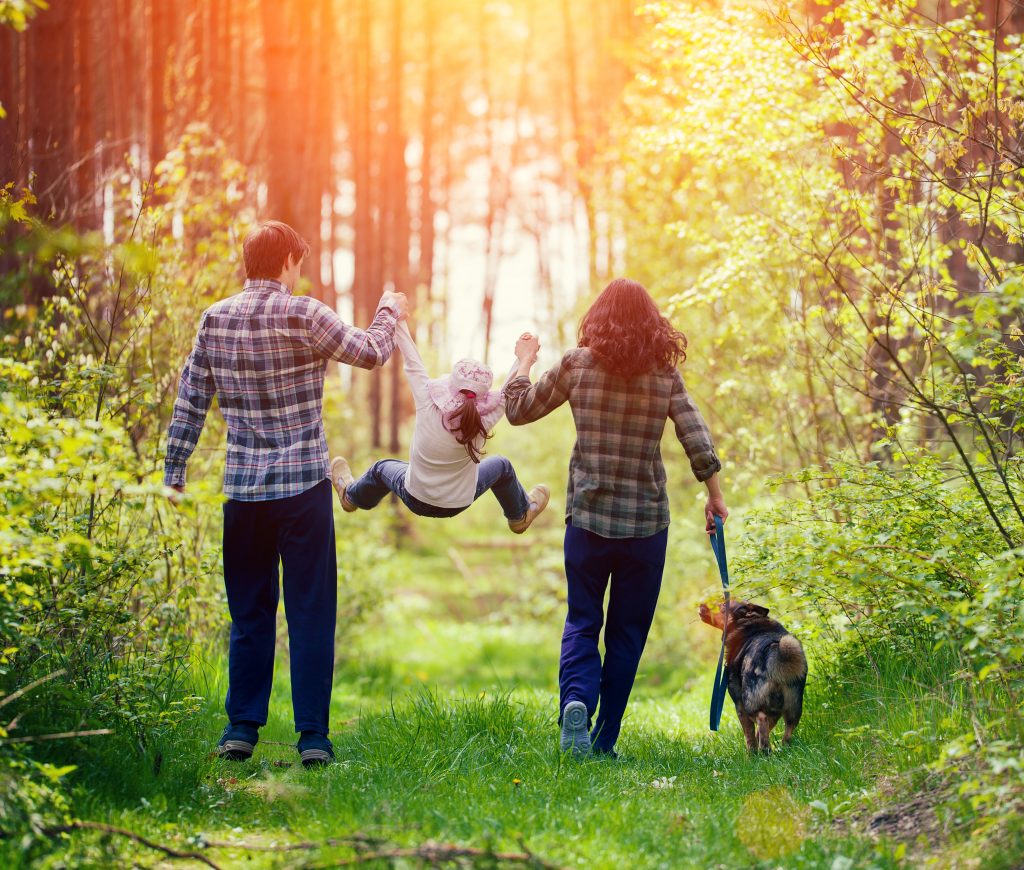 Familie beim Waldspaziergang